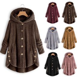 Plus size Casaco feminino sobretudo de inverno/ de frio teddy de lã com capuz quente de pelúcia cor sólida cardigan P5XG