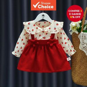 Vestido Floral Vermelho Para Bebês Meninas – Roupa Falsa De Manga Comprida De Duas Peças , Roupas Infantis De Primavera 