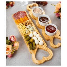 Petisqueira de Madeira Kit Petisqueira para Molhos com Trio de Ramequin de Porcelana Branca