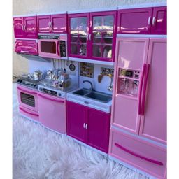 Cozinha Rosa Infantil Kit Geladeira Fogão Armários Micro Ondas e Utensílios Menina Encantada