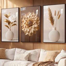 Quadro Decorativos Trio Moderno Exclusivo Flores Rosa Branco Dourado para Sala Hall