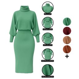 Conjunto Feminino Casual Blusa e Saia Inverno Modelador Canelado Gola Alta Elegante Aconchegante