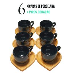 Kit Jogo de Xícaras De Porcelana Café Expresso Com Pires Em Madeira Pinus