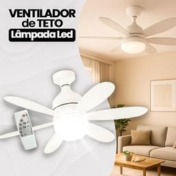 Ventilador Luminária Led 6 Pás 60W Lâmpada Soquete Bocal E27 Teto 3 Cores Luz Branco Amarelo Bivolt