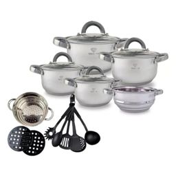 Jogo de Panelas 19 Peças Aço Inox Original + Acessórios com Fundo 3 Camadas Indução e Gás