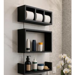 Kit 3 Nichos triplos Prateleiras para Banheiro Organizador  em Preto ou Branco 100% Mdf