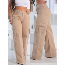 Calça Cargo Nude Feminina Pantalona Com Bolsos Laterais