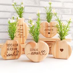 Kit Vaso Vasinho em Madeira com Flores Artificiais Enfeite Decoração Sala Quarto Escritório