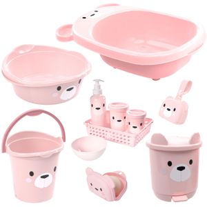 KIT BANHEIRA DE BEBÊ DECORADA LUDICA PLASUTIL + KIT HIGIENE URSO 5 PEÇAS + BACIA LIXEIRA BALDE SABONETEIRA PORTA CHUPETA