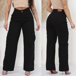 Calça Jeans Feminina Wide Leg Cargo Pantalona Preta Cintura Alta Premium Tecido Grosso Confortável