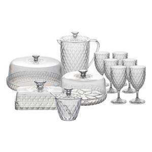 Kit Mesa Posta Glamour com 11 Itens Café da Manhã Jarra Queijeira Manteigueira Açucareiro Boleira