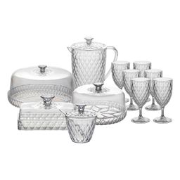 Kit Mesa Posta Glamour com 11 Itens Café da Manhã Jarra Queijeira Manteigueira Açucareiro Boleira