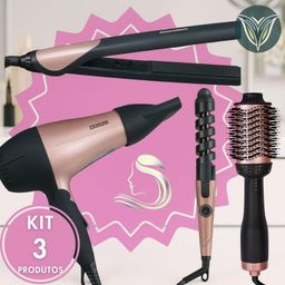 KIT 3 Escova Secadora + Secador de Cabelo Portátil + Modelador de Cachos + Chapinha Profissional Rosa Potente Qualidade