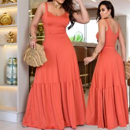 Vestido Longo Feminino Alça Malha Romantic Liso Fresco e Leve