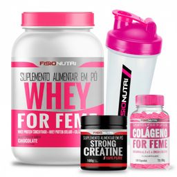 Kit Whey Gourmet Feminino + Colágeno 120 Cápsulas + Creatina 100% Pura 100g + Coqueteleira Fisionutri