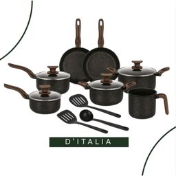 Jogo de Panelas Antiaderente 10 Peças Bianco D'Itália Cabo Marrom - Tampa de Vidro e Utensílios