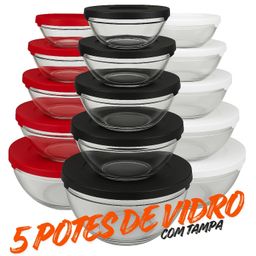 Conjunto com 5 Potes de Vidro com Tampa –135 ml, 200 ml, 400 ml, 550 ml, 1000 ml