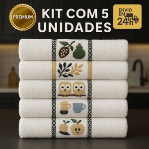 Kit 5 Pano De Copa Jacquard Premium 100% Algodão 45x65cm Cozinha Desenhos Na Barra