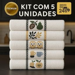 Kit 5 Pano De Copa Jacquard Premium 100% Algodão 45x65cm Cozinha Desenhos Na Barra