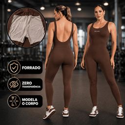 Macacão Fitness Forrado Feminino Longo Roupa de Academia com Costas Abertas Zero Transparência