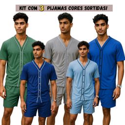 Kit com 3 Pijamas masculino Cirurgico com botões aberto no peitoral em malha cores sortidas