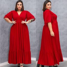 Vestido Longo 3 Marias Luxo Gola V Discreto Com Manga Estilo Sino Casual Plus Size