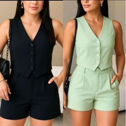 CONJUNTO  FEMININO SOCIAL EN ALFAIATARIA PERFEITO PARA TRABALHO OU  PASSEIO COLETE E SHORTS