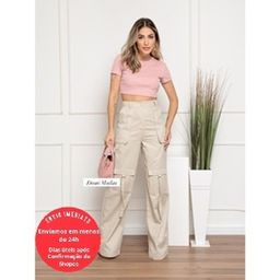 Domi Modas Calça Cargo Wide leg Feminina Sarja bolso Lateral flare pantalona 113