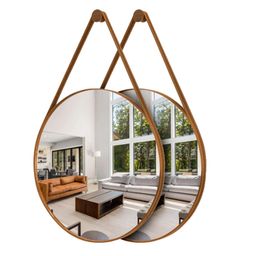 Kit 2 Espelhos Redondos Adnet Moderno Lavabo Quarto Sala Banheiro Alça Em Couro 60cm C/ Pino Suporte