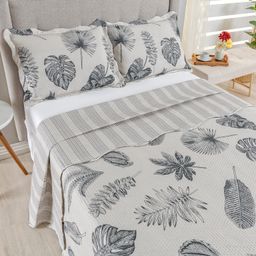 Kit Cobre Leito Colcha Queen Bouti 3 Peças Dupla Face Estampada Porta Travesseiro Aba Americana