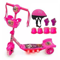 Patinete Infantil Patrulha Canina Sky Rosa Musical Patinete Menina 3 Rodas Cesta e Luz Promoção