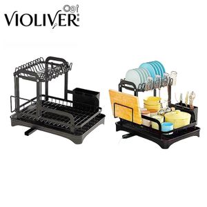 Escorredor Organizador de Louças 2 andar Com Guarda Copo Copos Preto Aço Inoxidável Rack ES