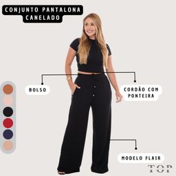 Conjunto Pantalona Feminina Canelada Com Bolso e Elástico na Cintura Blusa Gola Alta