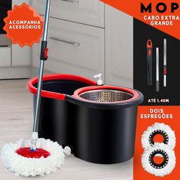 Mop Giratorio Com cabo de 140 cm Cesto Em Inox - Balde Centrífuga - C/2 Refil - Nybc