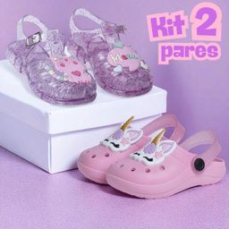 Kit 2 Pares Sandália Infantil Menina Gatinha e Babuche Feminino Unicórnio Confortável