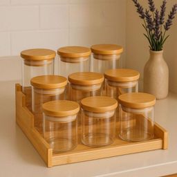 Kit 6 Potes Para Tempero 200ml Vidro Hermético Tampa Bambu Alta Vedação Mantimentos