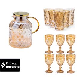 Kit Presente Casamento Jogo Jarra  Taças Copos Diamond Vidro Borossilicato Jantar Casa Nova Elegante
