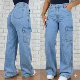 Calça Cargo Jeans Feminina Wide Leg Cintura Alta Levanta Bumbum Bolsos Laterais Modeladora Premium Tendência 2026 ENVIO