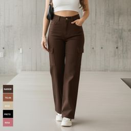 Calça Feminina Wide Leg Cargo Casual Blogueirinha Cintura Alta 36 Ao 46 + 5 Cores