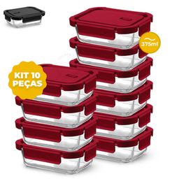 Kit 10 ou 5 Potes Vidro 4 Travas 375ml Hermético  Retangular Marmita Premium
