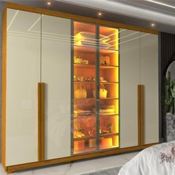 Guarda-roupa Casal 6 Portas com Pés com Led Imperatriz Reflecta 100% MDF Off White/Nature