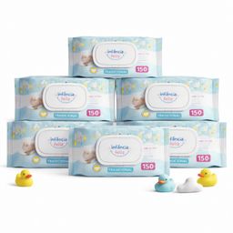 Kit 6 Toalhas Umedecidas Infância Feliz 150 Folhas 98% Água Lenço Umedecido