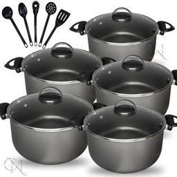 Kit Jogo de Panelas 10 peças Caçarolas Antiaderente Teflon com Tampa Vidro e Utensílios