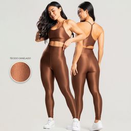 Conjunto fitness canelado feminino academia top e legging esportivo com brilho