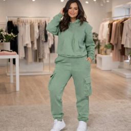 Conjunto Feminino Casual Moletom com Capuz e Calça Cargo Ajustada Tendência Moda 2026
