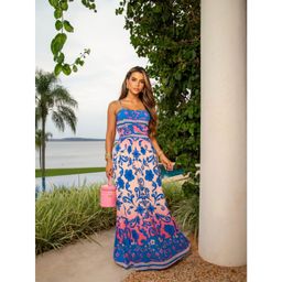 Vestido Longo Estampado Alça Fina Com Detalhe Transpassado No Decote cod 171est flor