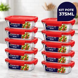 Kit 10 ou 5 Potes Vidro Retangular Hermético 375ml 4 Travas Marmita Premium Vermelho