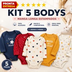Kit 5 Peças Roupinha Enxoval de Bebê Body Manga Longa Estampado 100% Algodão