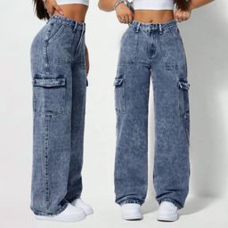 Calça Cargo Jeans Feminina Bolso Lateral Cintura Alta  Wide Leg Pantalona