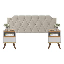 Conjunto Mesa De Cab Com Gaveta + Cabeceira Estofada Box Para Cama Queen